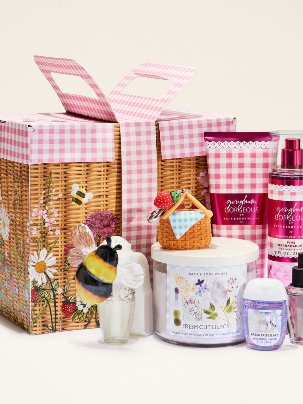 Bath & Body Works Pink Gingham Gift Set with Floral Candle & Mist